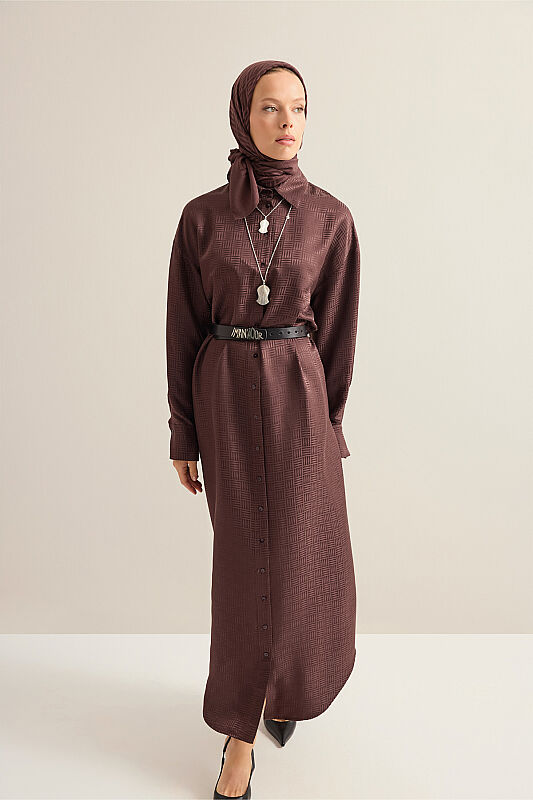 Iman Square Brown Jacquard Silk Shirt Dress - 5