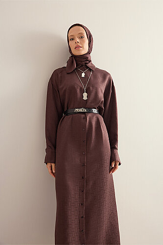 Iman Square Brown Jacquard Silk Shirt Dress - 3