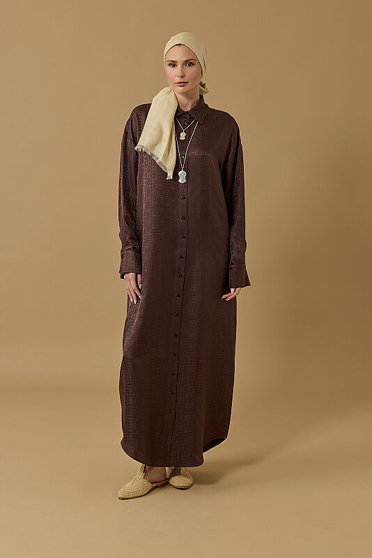 Iman Square Brown Jacquard Silk Shirt Dress - 1