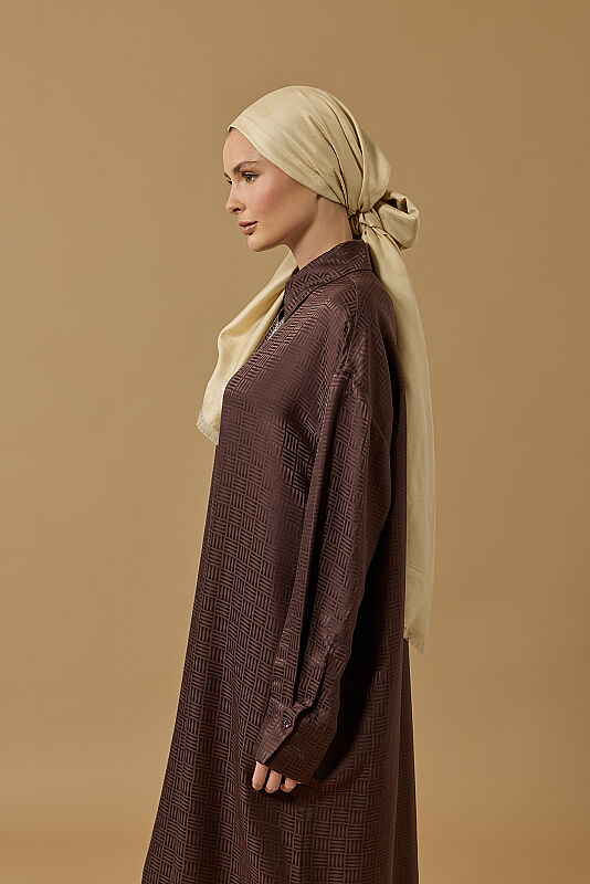 Iman Square Brown Jacquard Silk Shirt Dress - 5