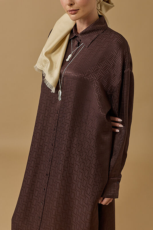 Iman Square Brown Jacquard Silk Shirt Dress - 7