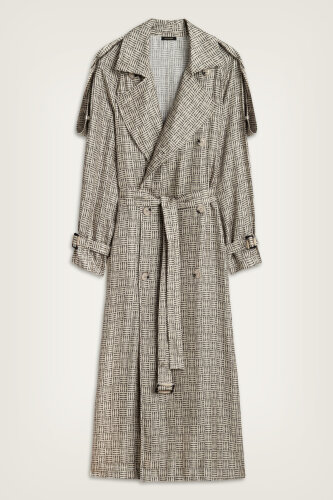 Iman Square Textured Beige Silk Trench Coat 