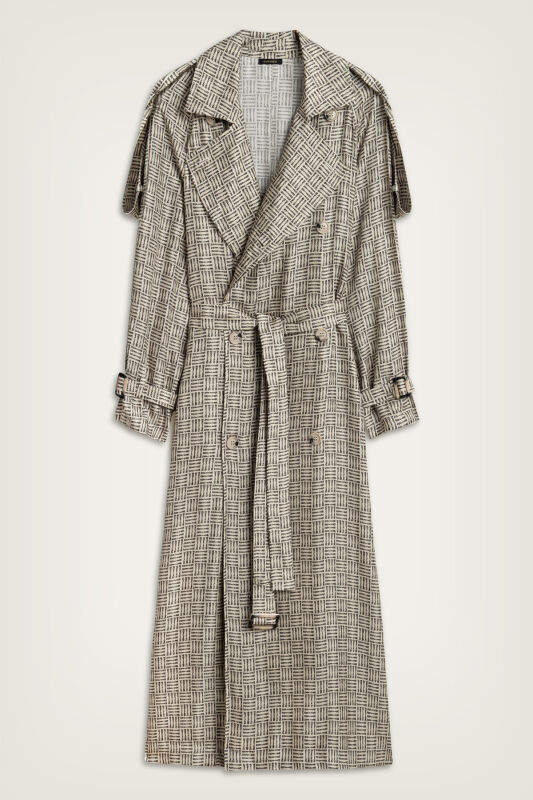 Iman Square Textured Beige Silk Trench Coat - 2