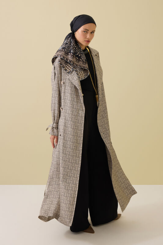 Iman Square Textured Beige Silk Trench Coat - 3