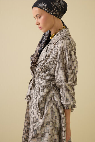 Iman Square Textured Beige Silk Trench Coat - 5