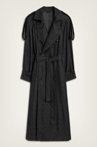 Iman Square Textured Black Silk Trench Coat 