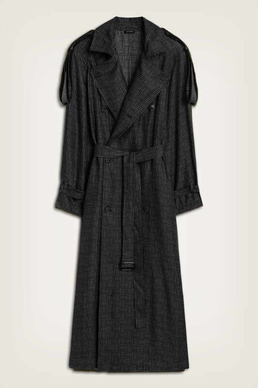 Iman Square Textured Black Silk Trench Coat - 2