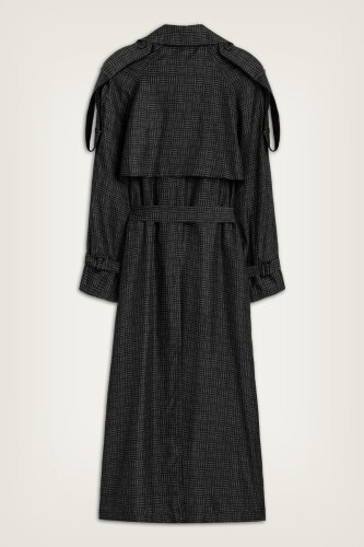 Iman Square Textured Black Silk Trench Coat - 4