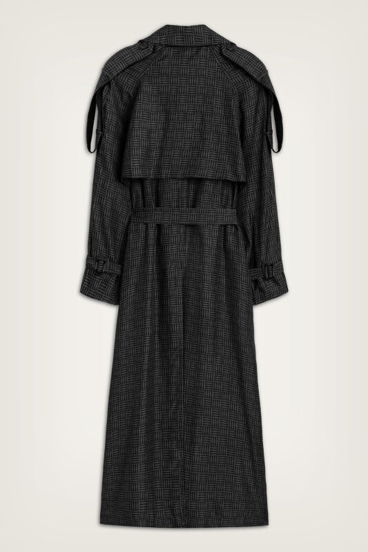 Iman Square Textured Black Silk Trench Coat - 4