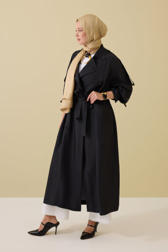 Iman Square Textured Black Silk Trench Coat 