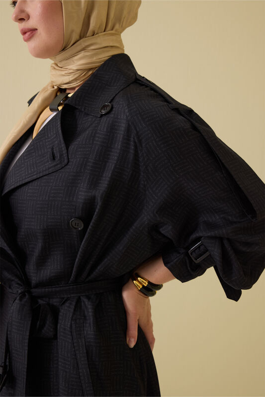 Iman Square Textured Black Silk Trench Coat - 7