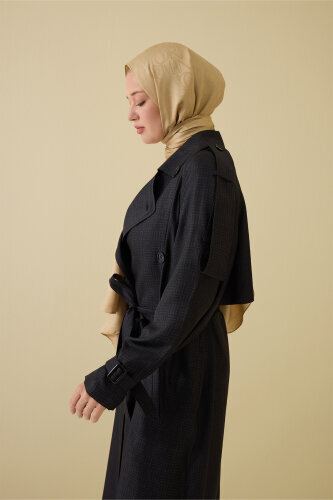 Iman Square Textured Black Silk Trench Coat - 8