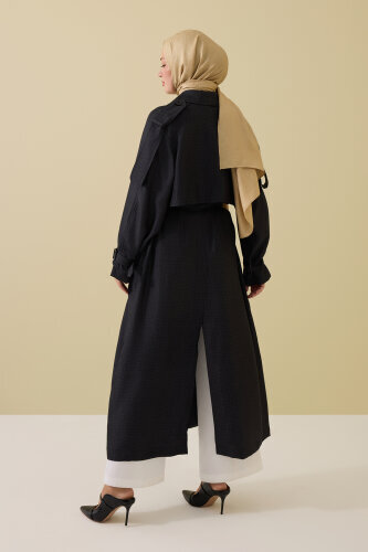 Iman Square Textured Black Silk Trench Coat - 5