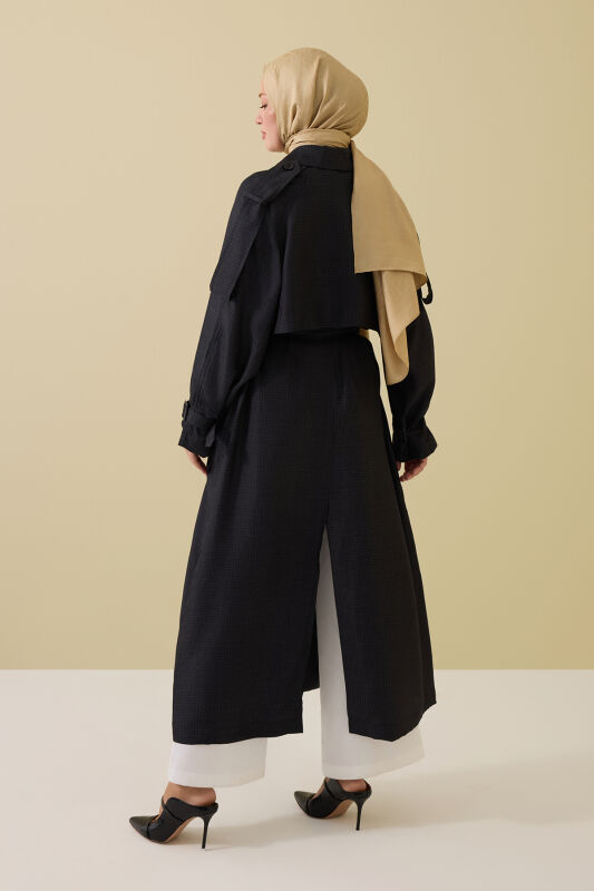 Iman Square Textured Black Silk Trench Coat - 5