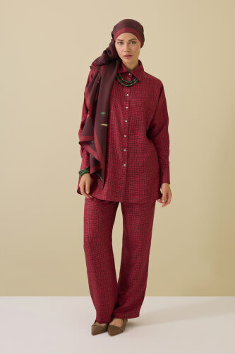 Iman Square Textured Burgundy Silk Trousers 