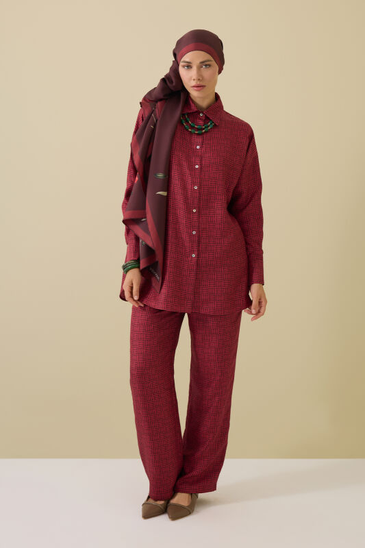 Iman Square Textured Burgundy Silk Trousers - 1