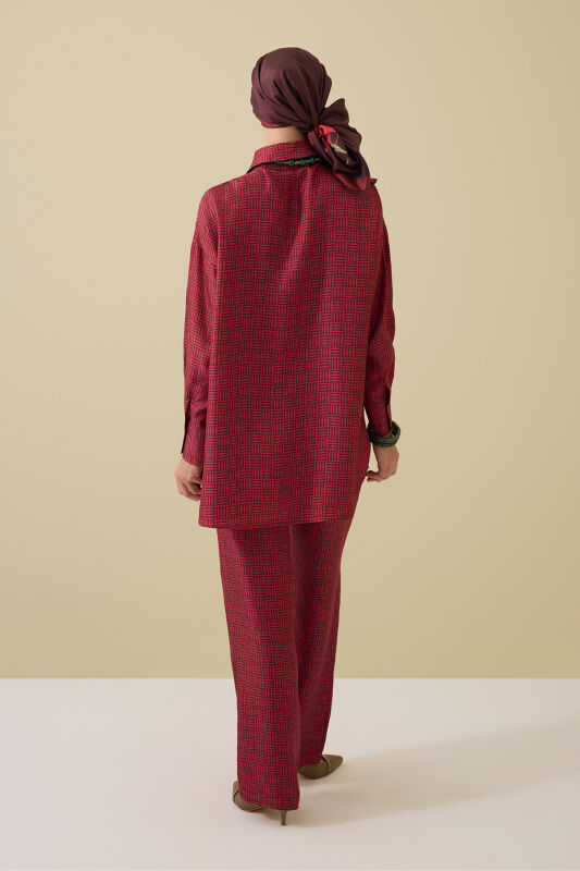 Iman Square Textured Burgundy Silk Trousers - 5