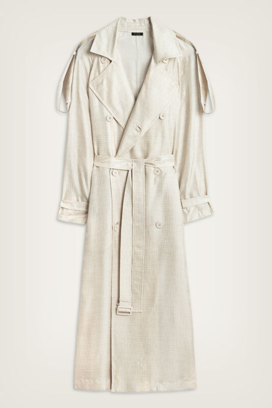 Iman Square Textured Ecru Silk Trench Coat - 1