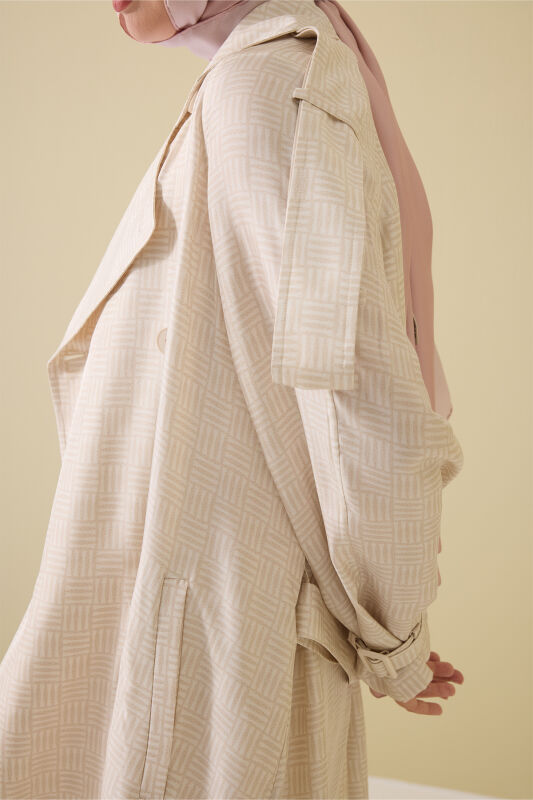 Iman Square Textured Ecru Silk Trench Coat - 5