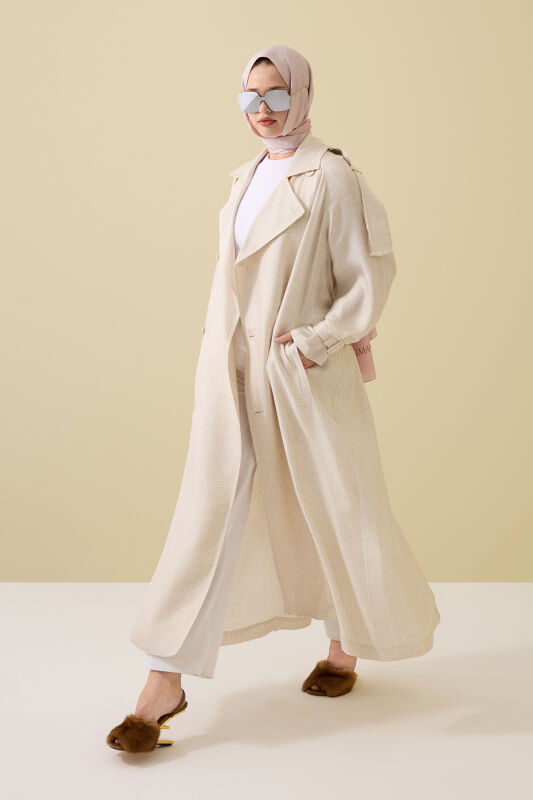 Iman Square Textured Ecru Silk Trench Coat - 1