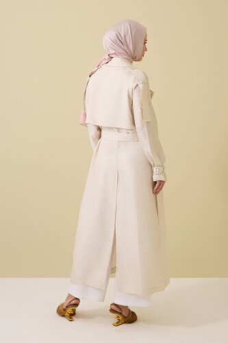 Iman Square Textured Ecru Silk Trench Coat - 7