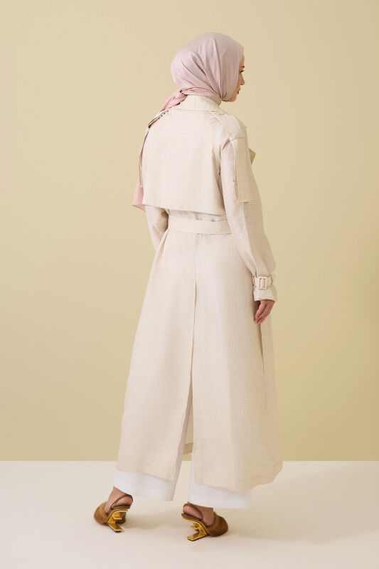 Iman Square Textured Ecru Silk Trench Coat - 7