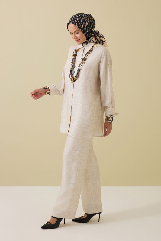 Iman Square Textured Ecru Silk Trousers - 1