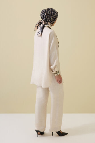 Iman Square Textured Ecru Silk Trousers - 5