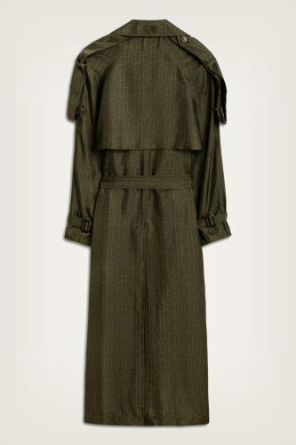 Iman Square Textured Khaki Silk Trench Coat - 2