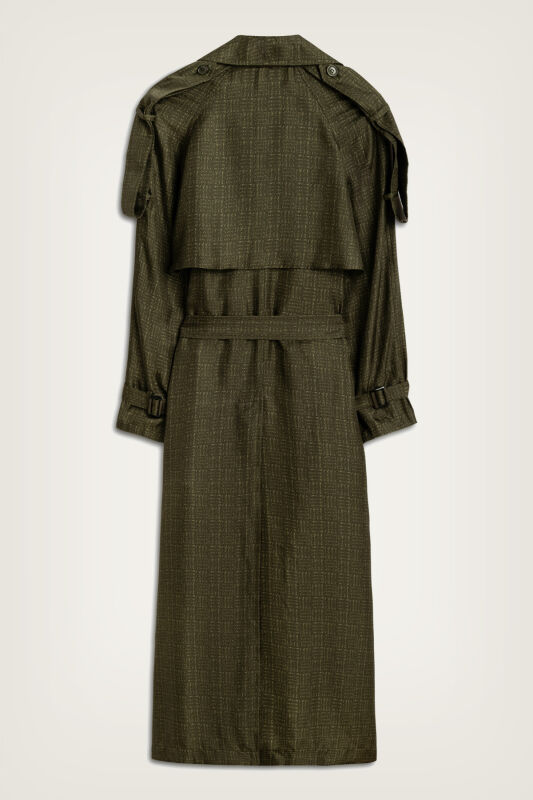Iman Square Textured Khaki Silk Trench Coat - 2