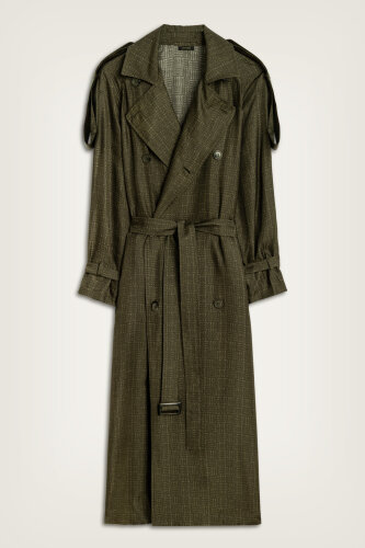 Iman Square Textured Khaki Silk Trench Coat - 1
