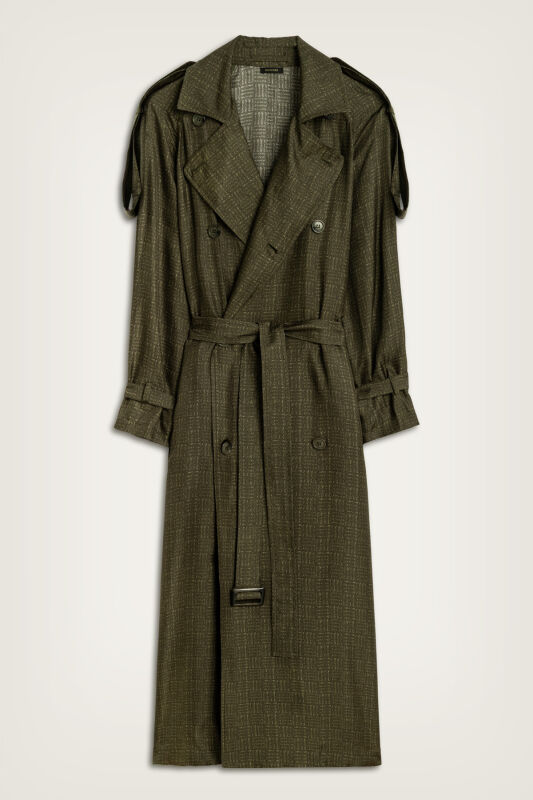 Iman Square Textured Khaki Silk Trench Coat - 1