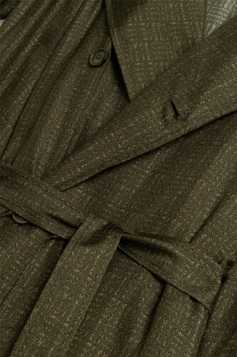 Iman Square Textured Khaki Silk Trench Coat - 3