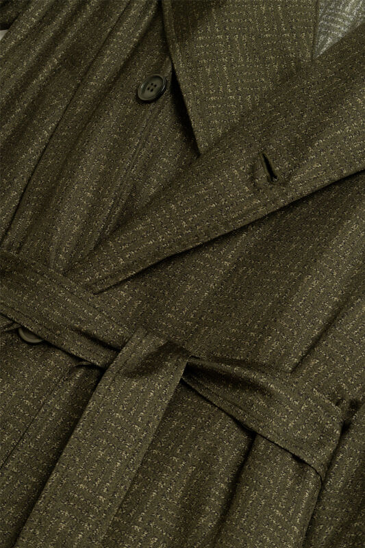 Iman Square Textured Khaki Silk Trench Coat - 3