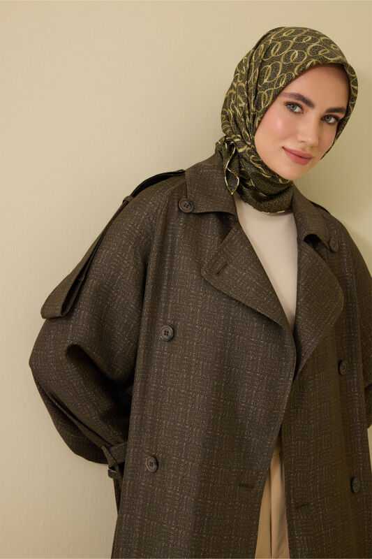 Iman Square Textured Khaki Silk Trench Coat - 7