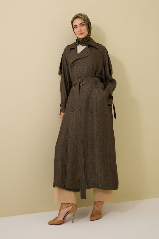 Iman Square Textured Khaki Silk Trench Coat - 3