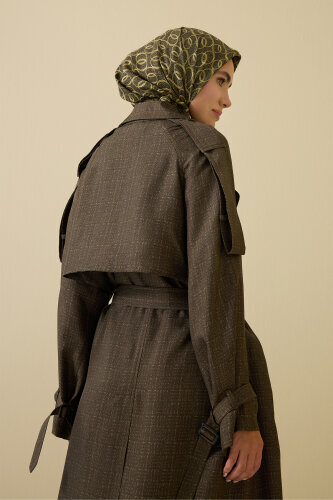 Iman Square Textured Khaki Silk Trench Coat 