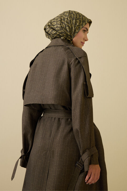 Iman Square Textured Khaki Silk Trench Coat - 1