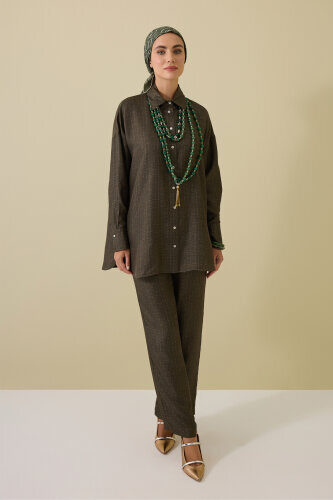 Iman Square Textured Khaki Silk Trousers - 1