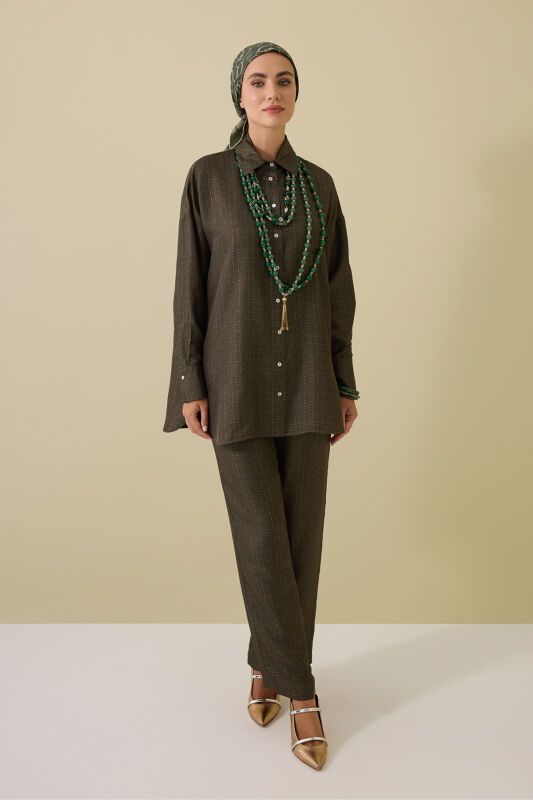 Iman Square Textured Khaki Silk Trousers - 1