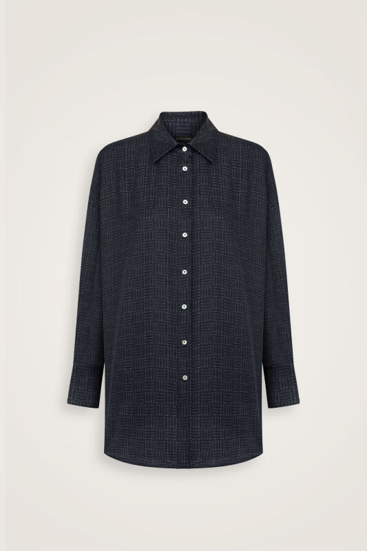 Iman Square Textured Navy Blue Silk Shirt - 2