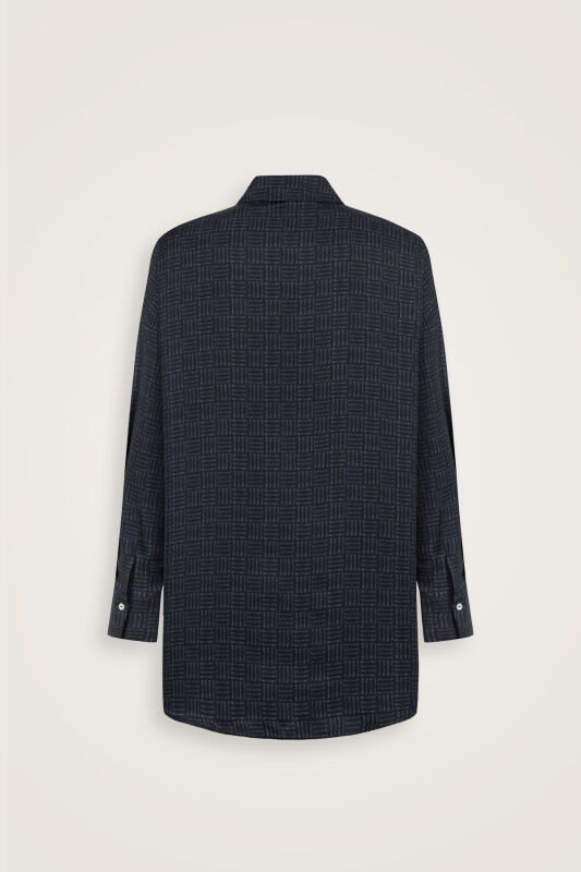 Iman Square Textured Navy Blue Silk Shirt - 6