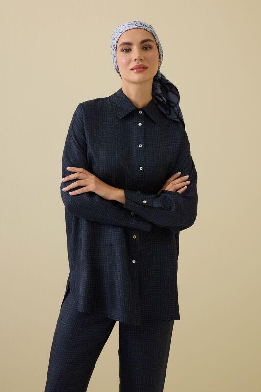 Iman Square Textured Navy Blue Silk Shirt - 1