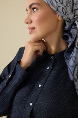 Iman Square Textured Navy Blue Silk Shirt - 3