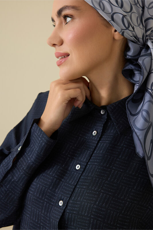 Iman Square Textured Navy Blue Silk Shirt - 3