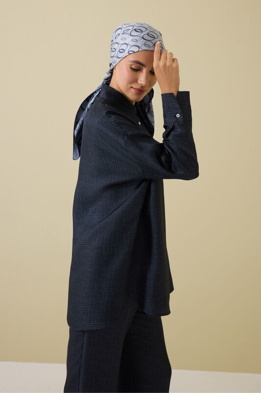 Iman Square Textured Navy Blue Silk Shirt - 5