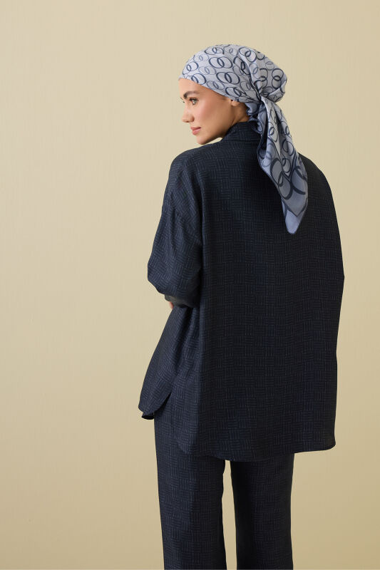 Iman Square Textured Navy Blue Silk Shirt - 7