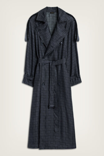 Iman Square Textured Navy Blue Silk Trench Coat 