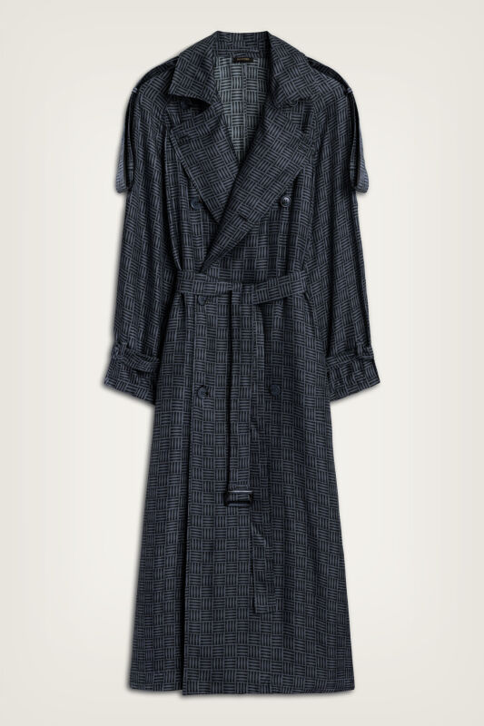 Iman Square Textured Navy Blue Silk Trench Coat - 1