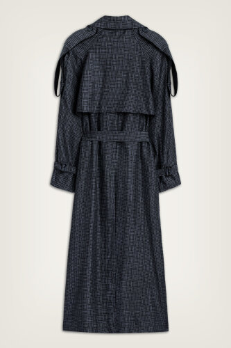 Iman Square Textured Navy Blue Silk Trench Coat - 2
